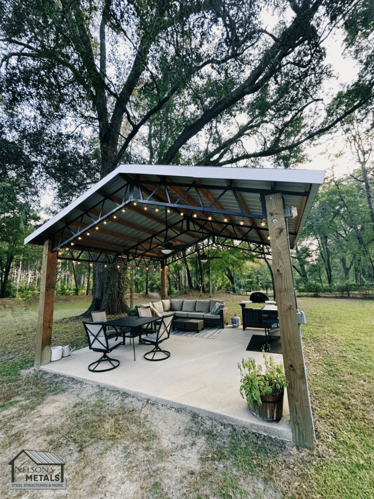 Cozy 12x20 pole barn serving as a residential patio.