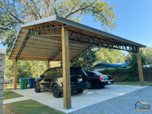 Stylish 20x20 pole barn serving as a carport.